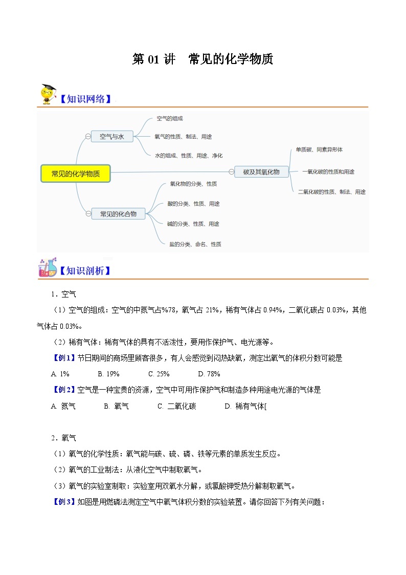 第01讲 常见的化学物质（初高中衔接）-2023-2024学年新高一化学暑假精品课（沪科版必修第一册） 试卷01