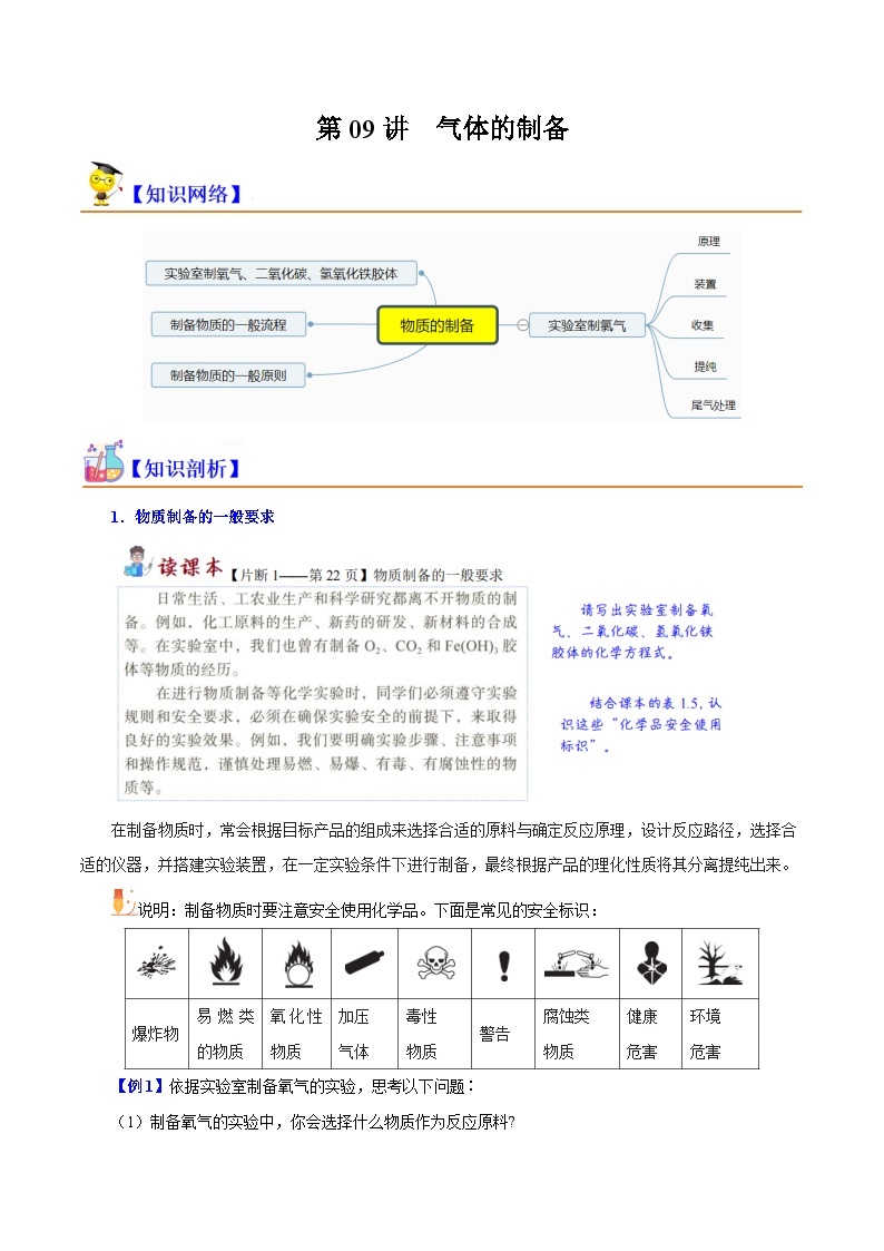 第09讲 物质的制备-2023-2024学年新高一化学暑假精品课（沪科版必修第一册） 试卷01