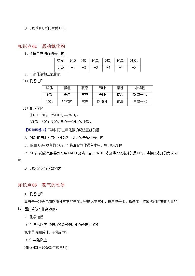 【同步讲义】高中化学（沪科版2020）必修第一册--3.2.1  固氮和氨气 讲义02