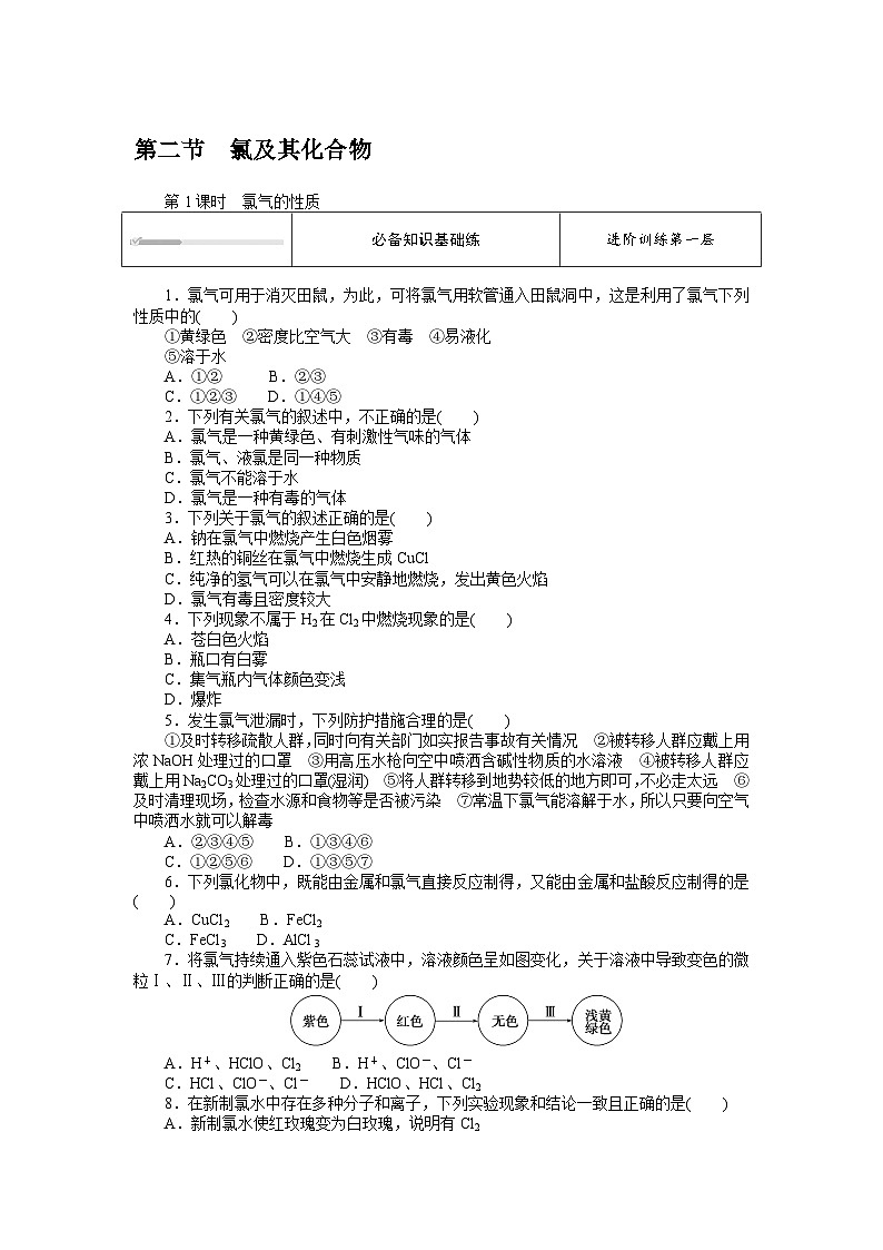 人教版高中化学 必修第一册 2.2.1 第1课时 氯气的性质同步练习题01