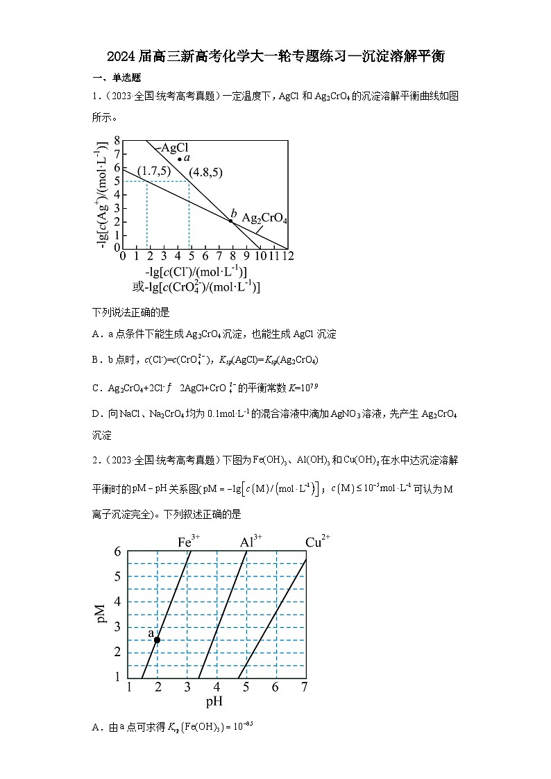 2024届高三新高考化学大一轮专题练习---沉淀溶解平衡第1页