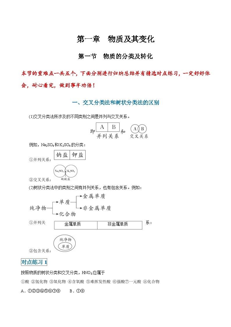 第一章第一节 物质的分类及转化-高一化学期末复习节节高（人教版必修第一册） 试卷01