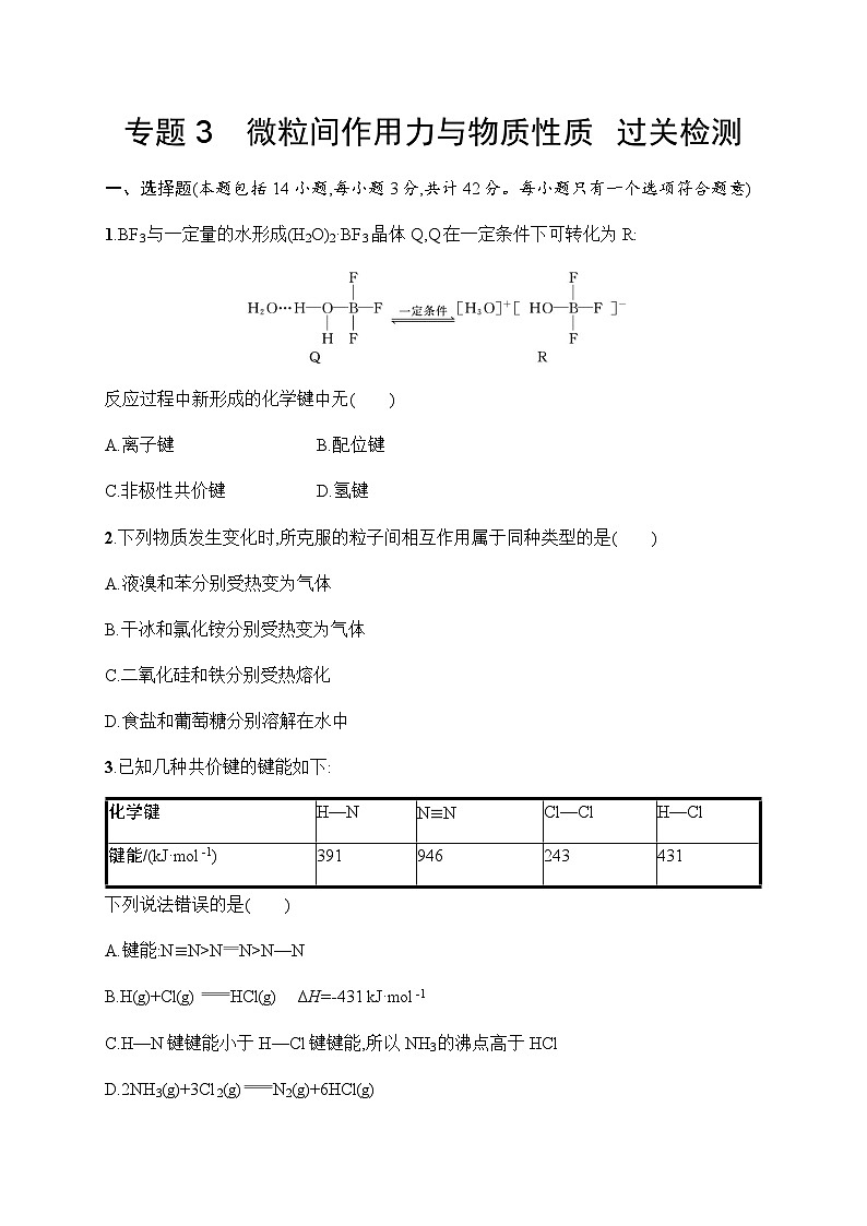 2023年秋高中化学选择性必修2(苏教版2019)专题3 微粒间作用力与物质性质 过关检测(含解析)01