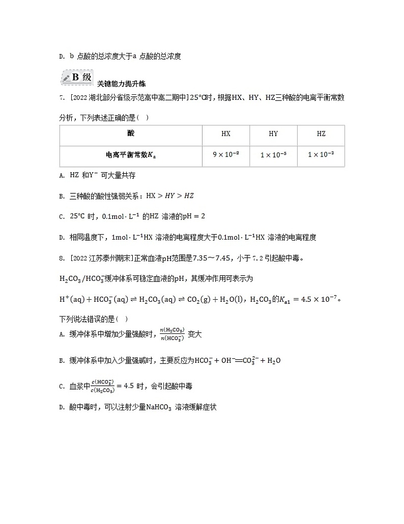 江苏专版2023_2024学年新教材高中化学专题3水溶液中的离子反应第一单元弱电解质的电离平衡第二课时电离平衡常数强酸与弱酸的比较分层作业苏教版选择性必修103