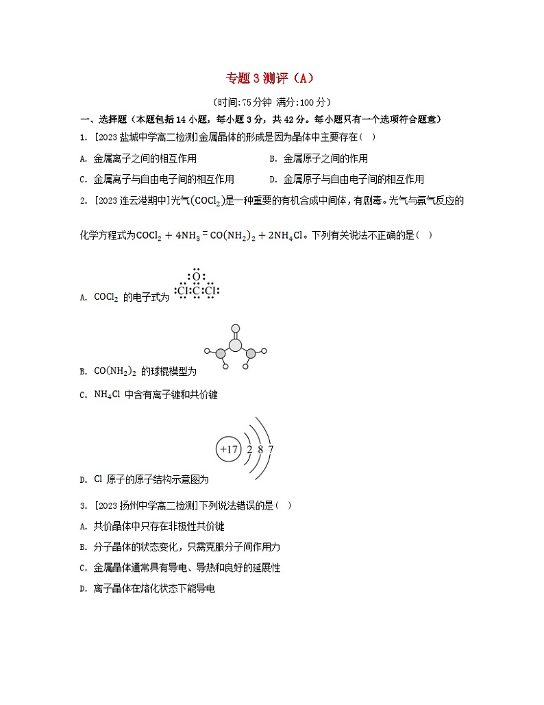 江苏专版2023_2024学年新教材高中化学专题3微粒间作用力与物质性质测评A苏教版选择性必修2第1页