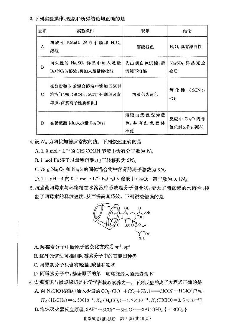 2024长沙雅礼中学高三上学期第一次月考试题化学PDF版含解析第2页