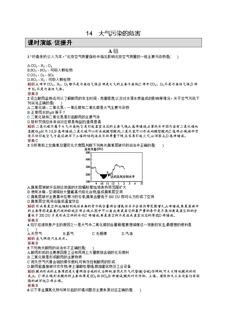 2022年高二化学选修1寒假练习:14大气污染的危害 Word版含答案第1页