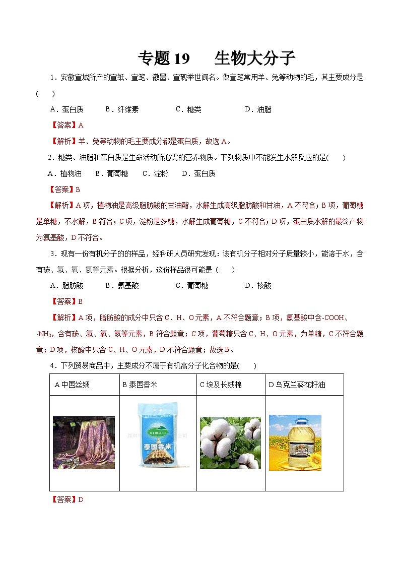 新高考化学一轮复习考点过关练习专题 19 生物大分子(含解析)第1页