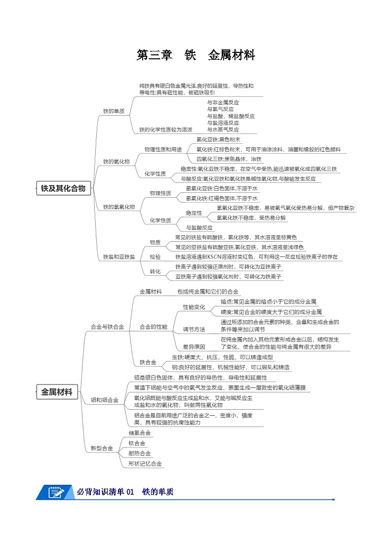 【期中知识点归纳】(人教版2019)2023-2024学年高一上学期化学 必修1 第三章 铁 金属材料 讲义(教师版)第1页
