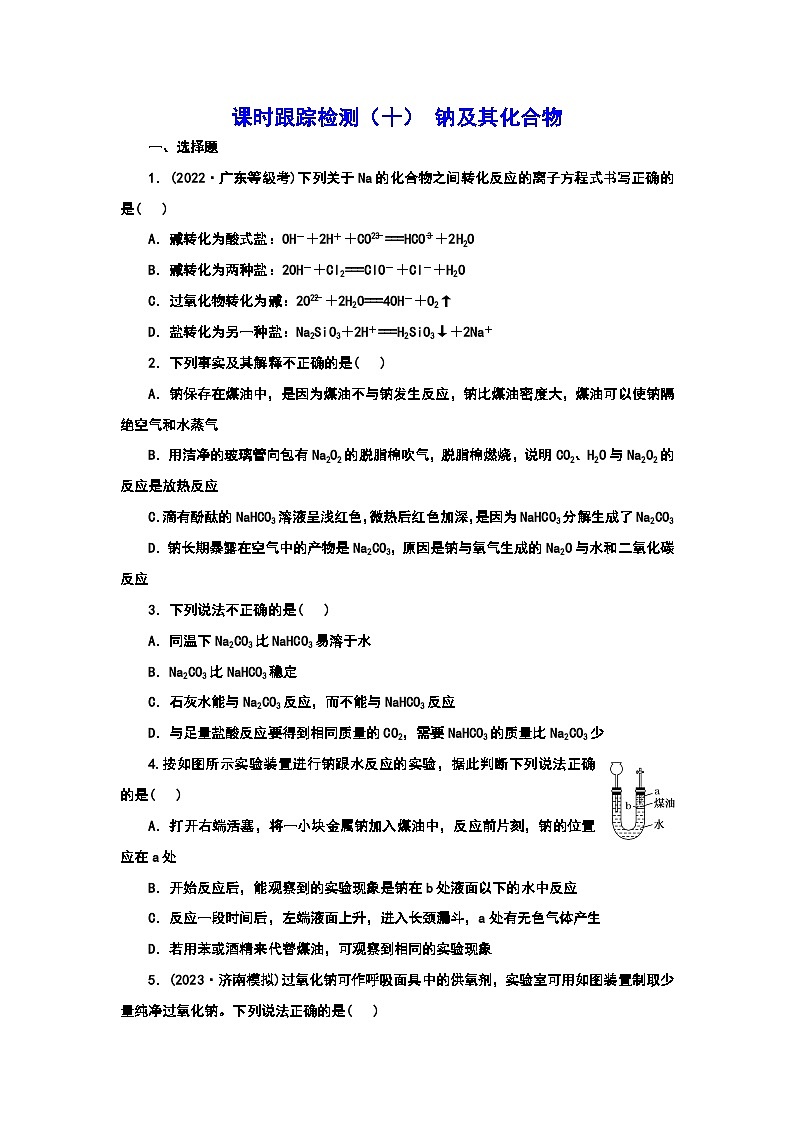 2024届高考化学一轮复习  课时跟踪检测(十) 钠及其化合物(含答案)第1页