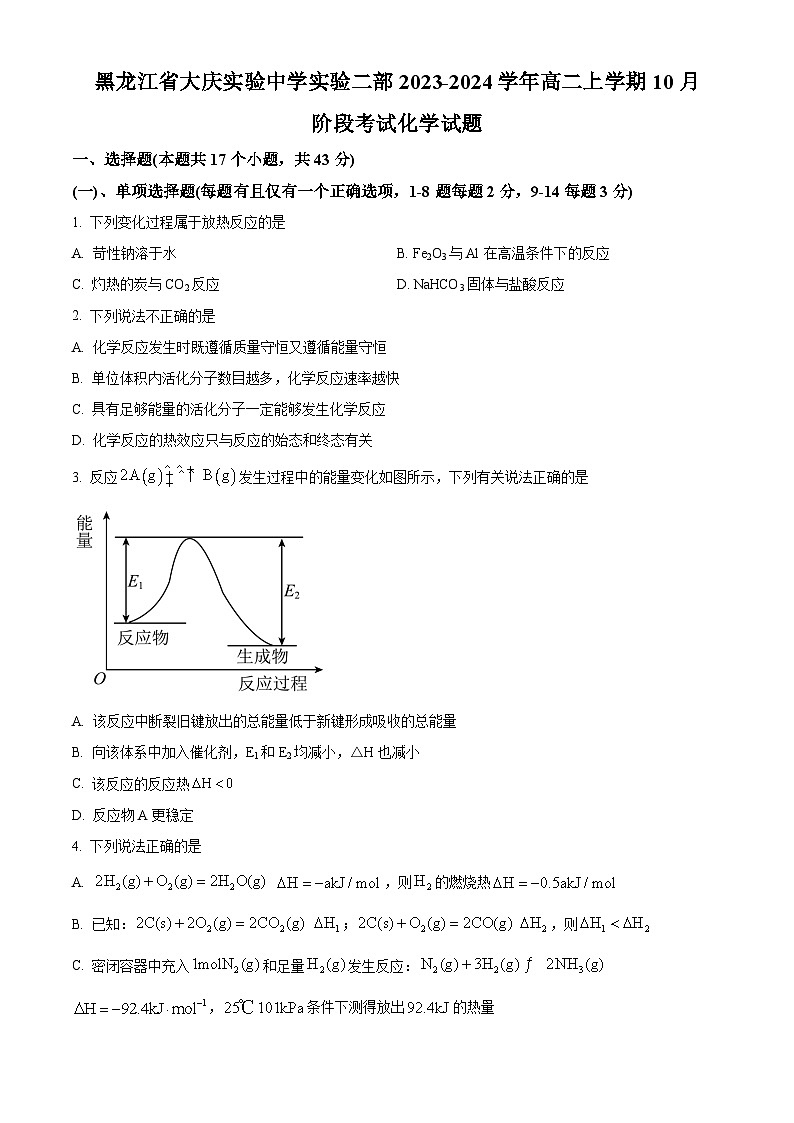 黑龍江省大慶實(shí)驗(yàn)中學(xué)二部2023-2024學(xué)年高二化學(xué)上學(xué)期10月階段性考試試題（Word版附答案）第1頁