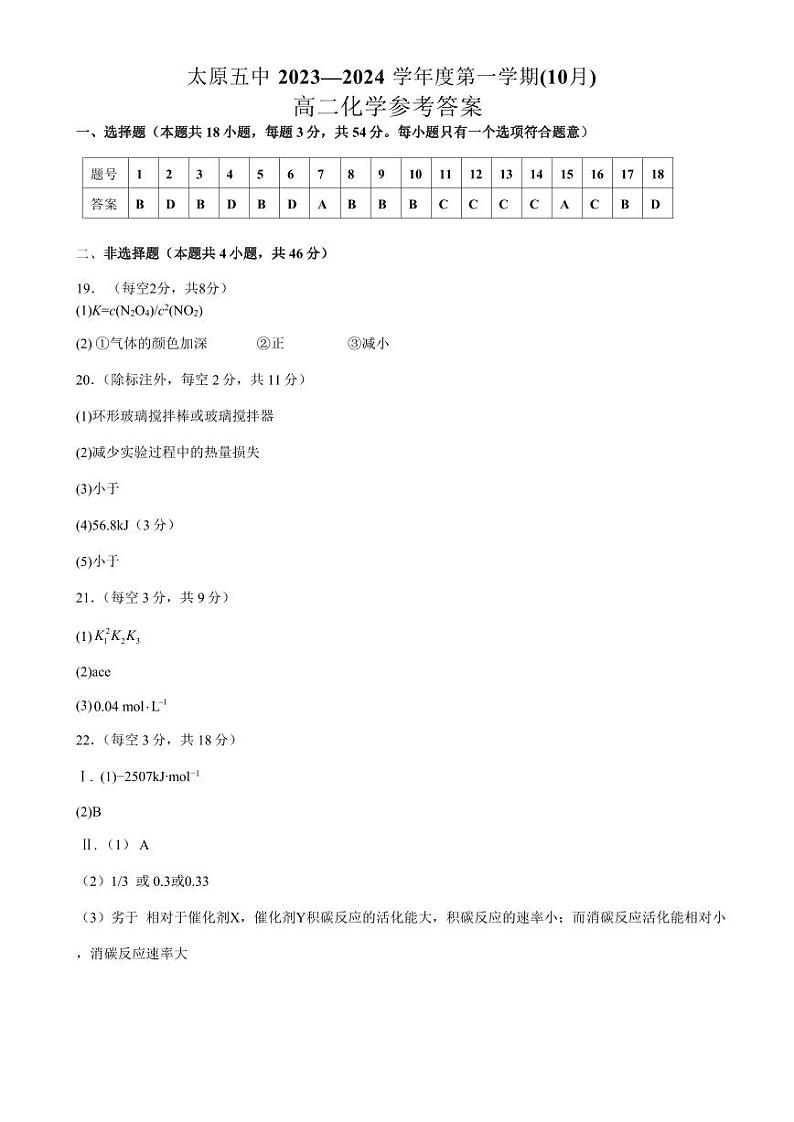 2024太原五中高二上学期10月月考试题化学PDF版含答案、答题卡(可编辑)01