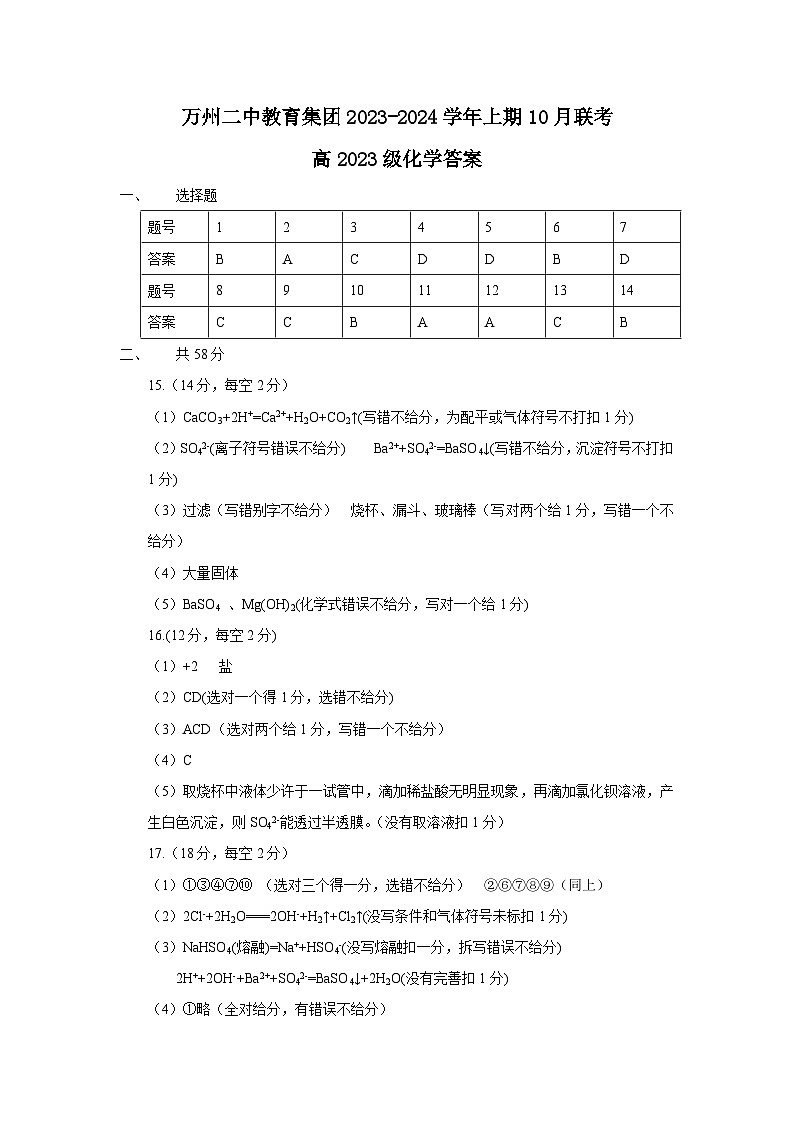 2024重庆市万州二中高一上学期10月月考试题化学PDF版含答案01