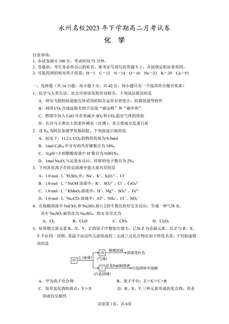 湖南省永州市名校2023-2024学年高二上学期10月第二次月考化学试题第1页