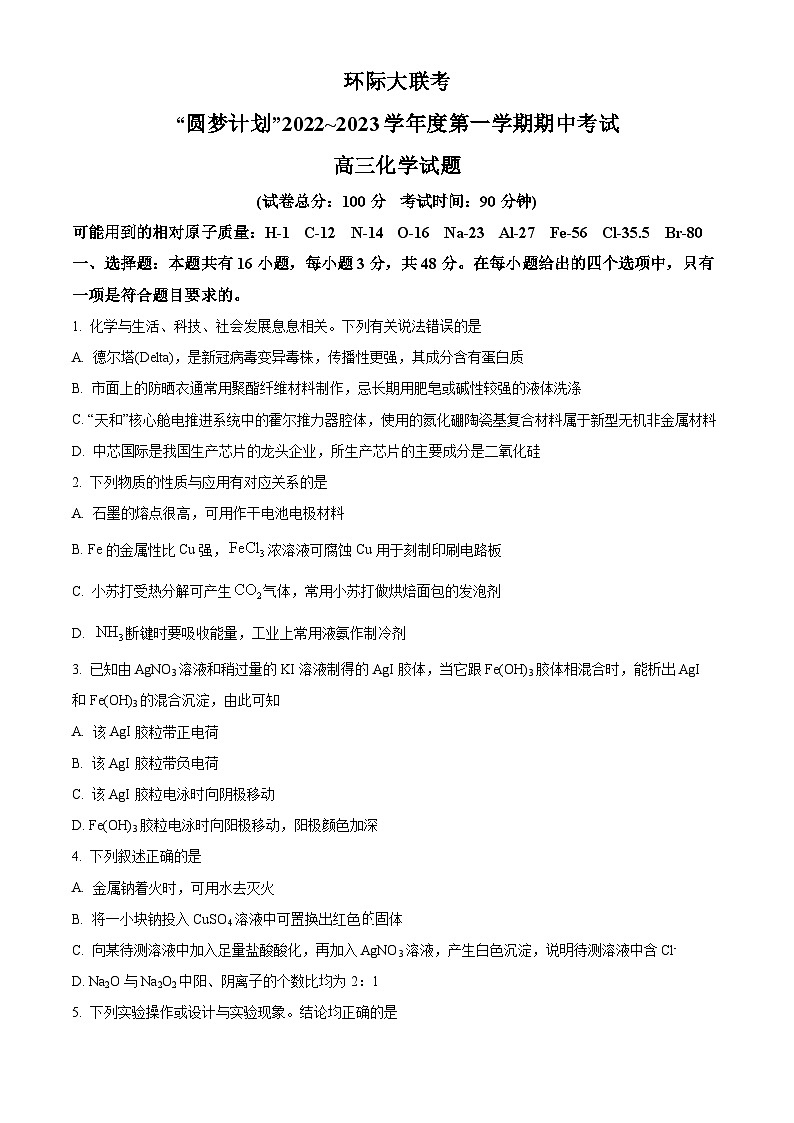 【期中真題】河南省部分重點(diǎn)中學(xué)環(huán)際大聯(lián)考圓夢(mèng)計(jì)劃2022-2023學(xué)年高三上學(xué)期期中考試化學(xué)試題(原卷版)第1頁(yè)