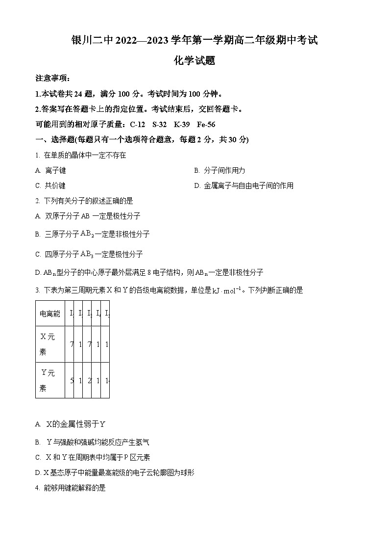 【期中真题】宁夏银川市第二中学2022-2023学年高二上学期期中考试化学试题(原卷版)第1页