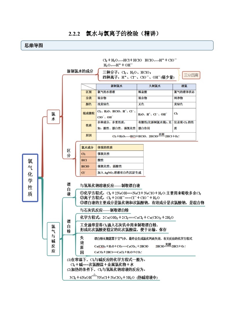 人教版高中化学必修一精品同步讲义2.2.2 氯水与氯离子的检验（精讲）（含解析）01