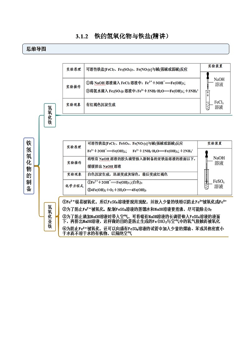 人教版高中化学必修一精品同步讲义3.1.2 铁的氢氧化物与铁盐(精讲)(含解析)第1页