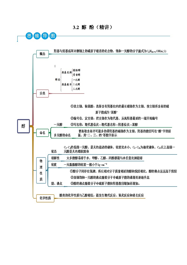 人教版高中化学选择性必修三精品同步讲义3.2 醇 酚(精讲)(含解析)第1页