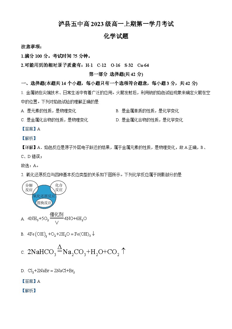 四川省泸县第五中学2023-2024学年高一化学上学期10月月考试题(Word版附解析)01