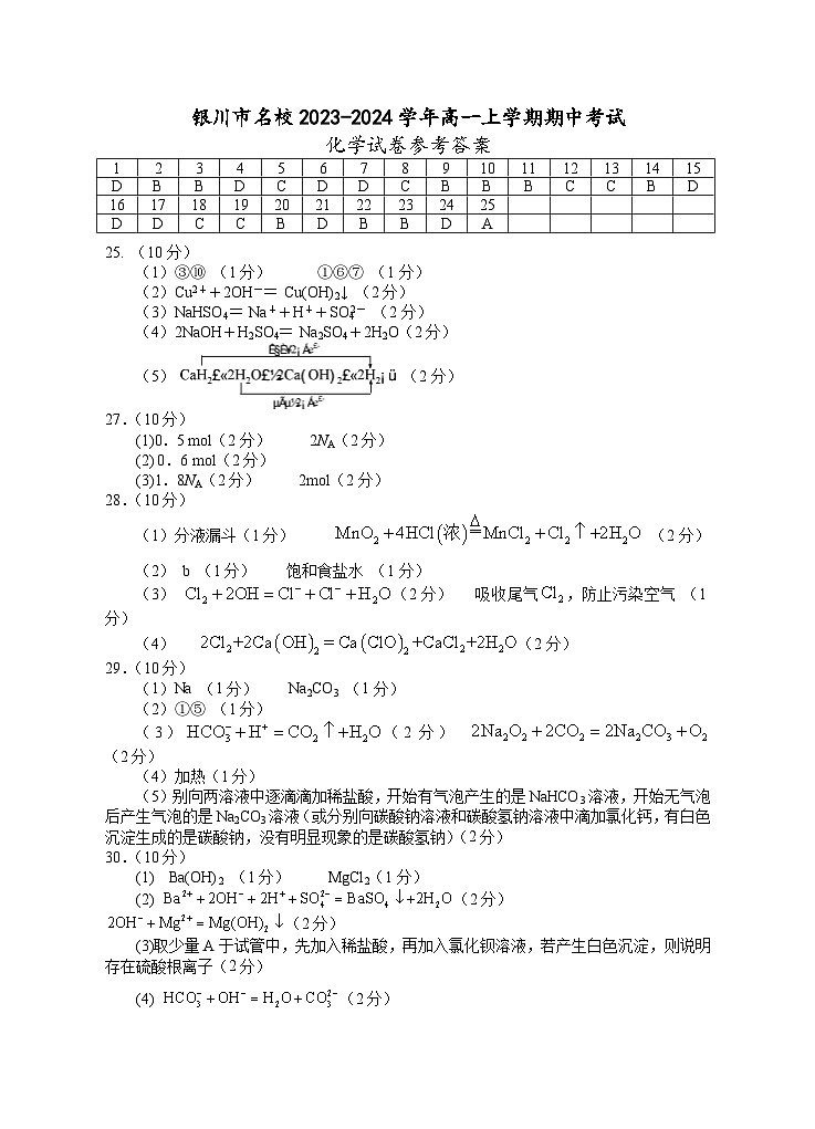 宁夏回族自治区银川市名校2023-2024学年高一上学期期中考试化学试卷答案第1页