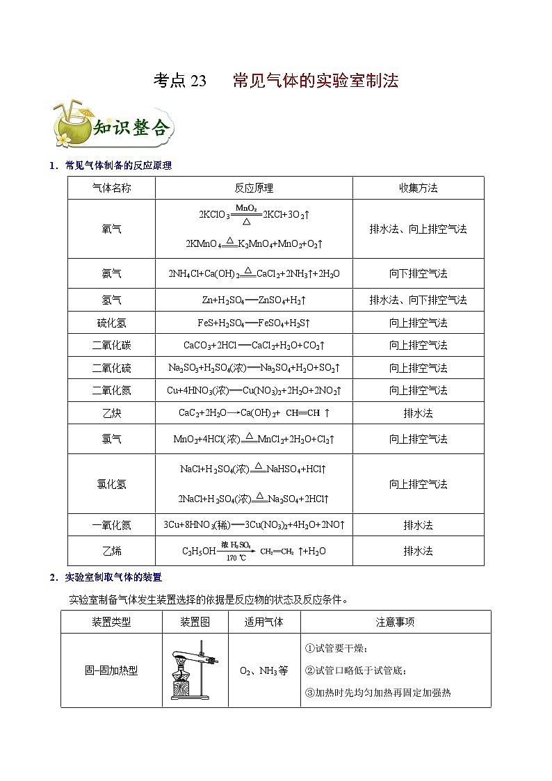 高考化学 考点23 常见气体的实验室制法学案(含解析)01