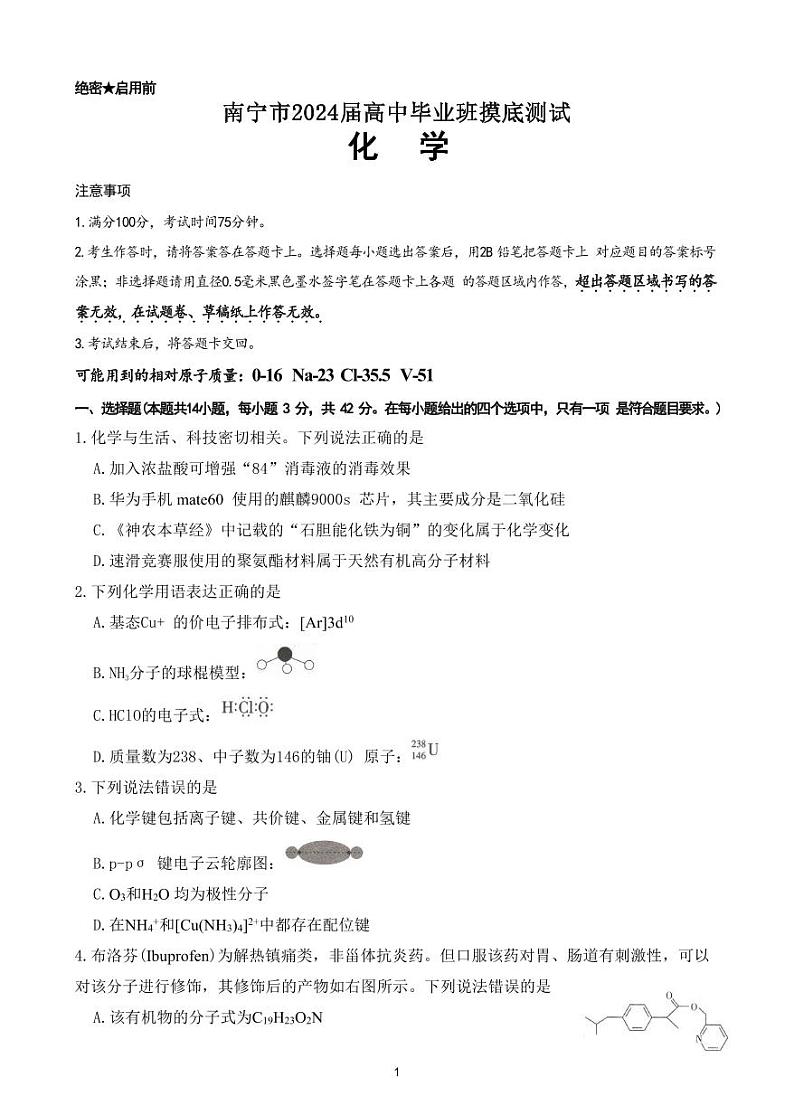 97,广西南宁市部分高中2024届高三第一次摸底测试化学试题第1页