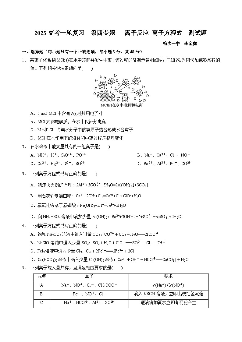 2023届高三化学高考备考一轮复习 第四专题 离子反应 离子方程式 测试题第1页