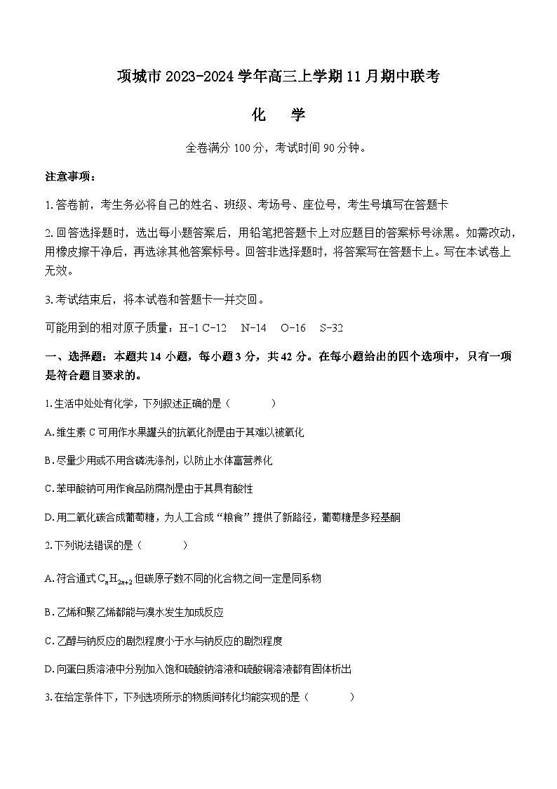 河南省周口市项城市2023-2024学年高三上学期11月期中联考化学试题(含答案)01