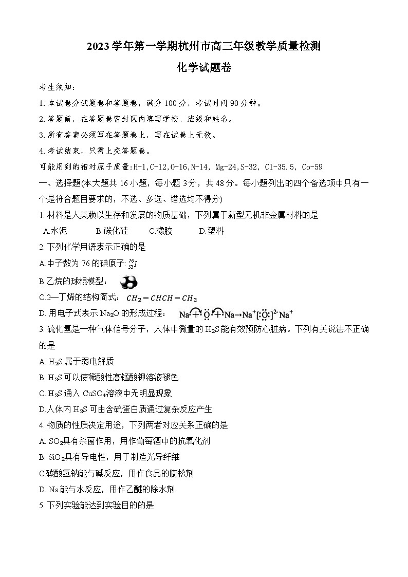 2024杭州高三上学期11月期中考试(一模)化学无答案01