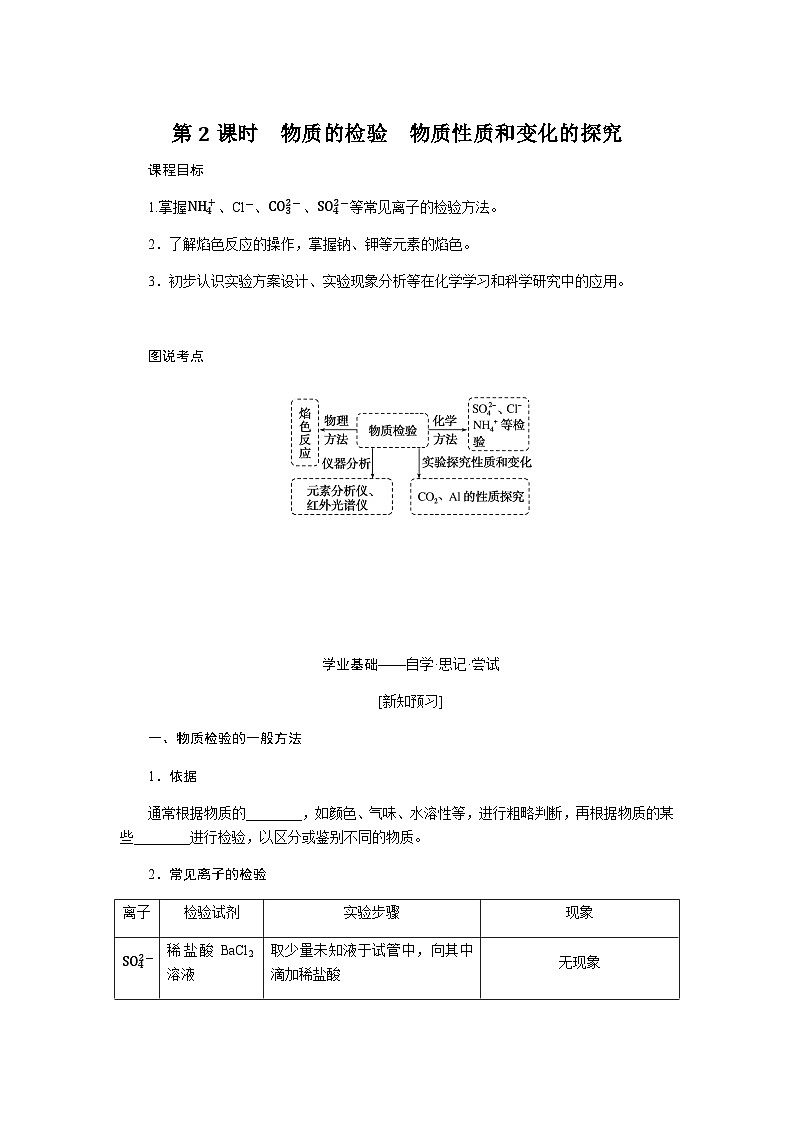 苏教版高中化学必修第一册2-1-2物质的检验物质性质和变化的探究课时学案含答案第1页