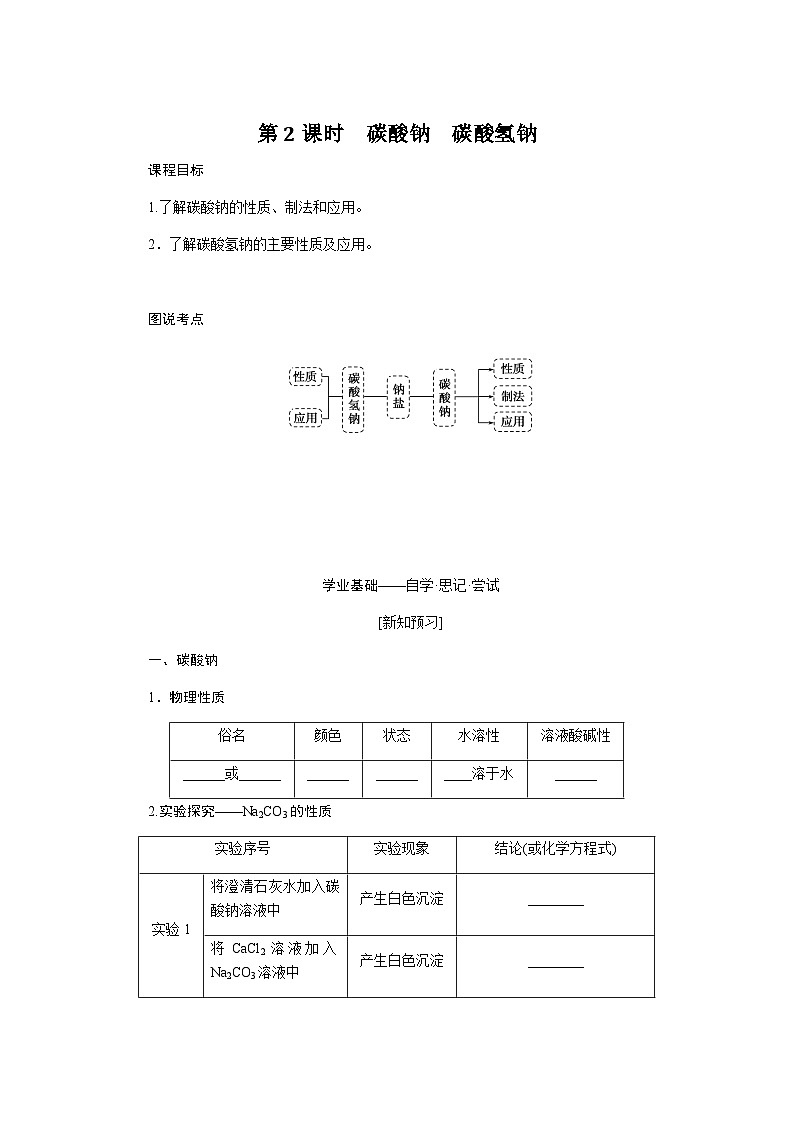 苏教版高中化学必修第一册3-2-2碳酸钠碳酸氢钠课时学案含答案01