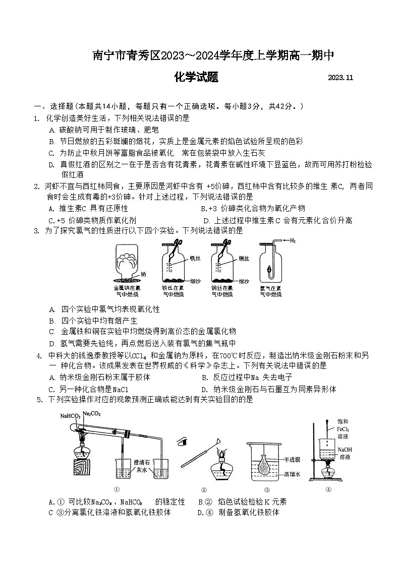 广西南宁市青秀区2023-2024学年高一上学期期中考试化学试题(含答案)01
