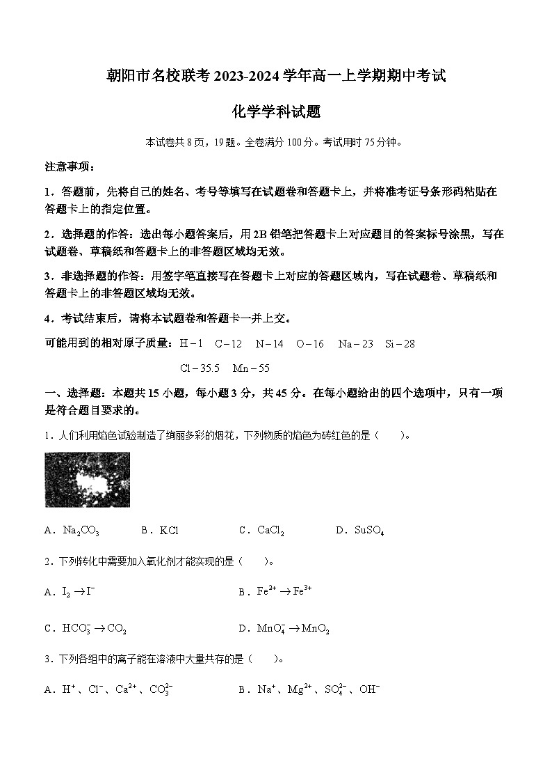 辽宁省朝阳市名校联考2023-2024学年高一上学期期中考试化学试题(含答案)01