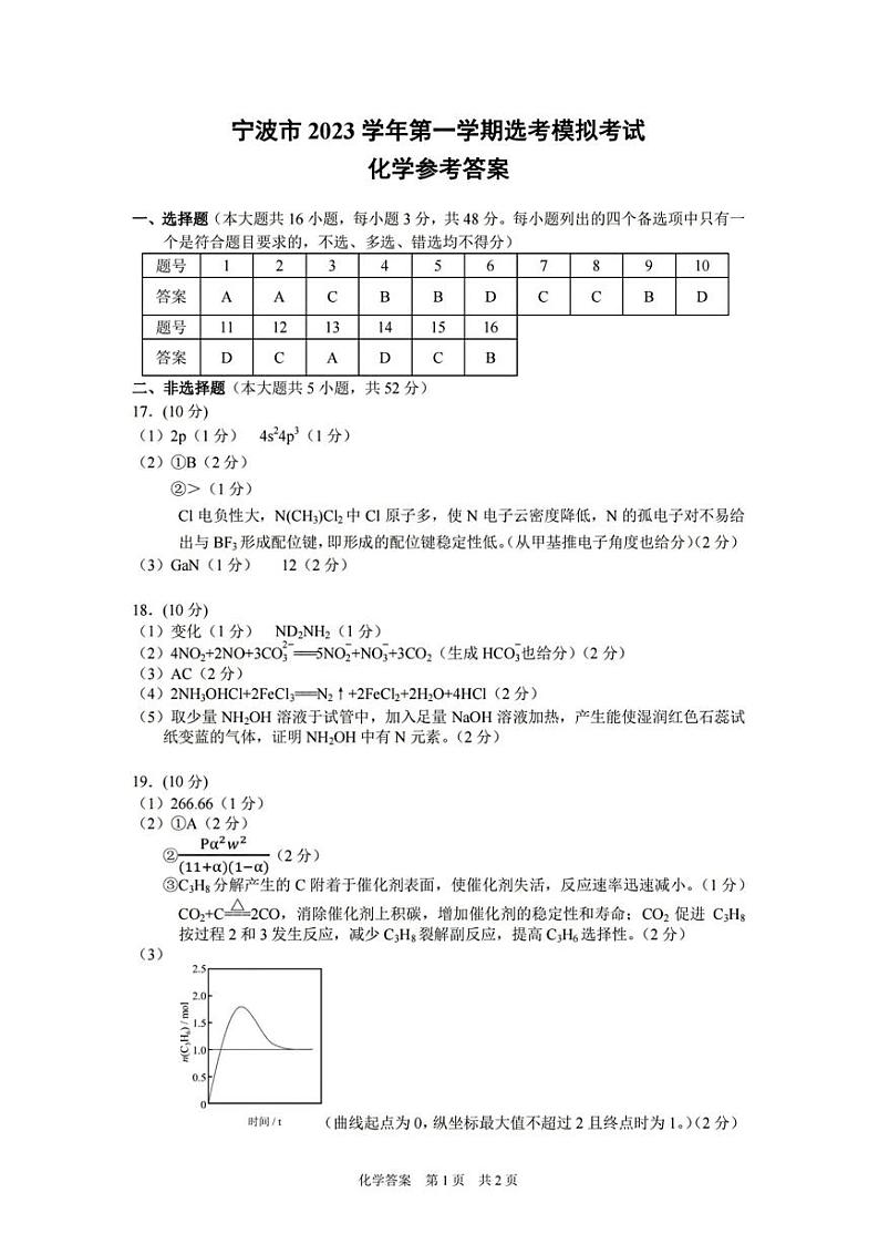 浙江省宁波市2023-2024学年高三上学期选考模拟考试(宁波一模)化学答案第1页