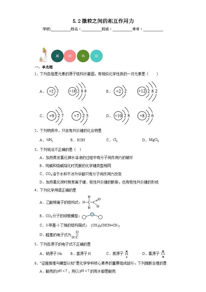 5.2微粒之间的相互作用力分层练习-2023-2024学年苏教版(2019)高中化学必修第一册01