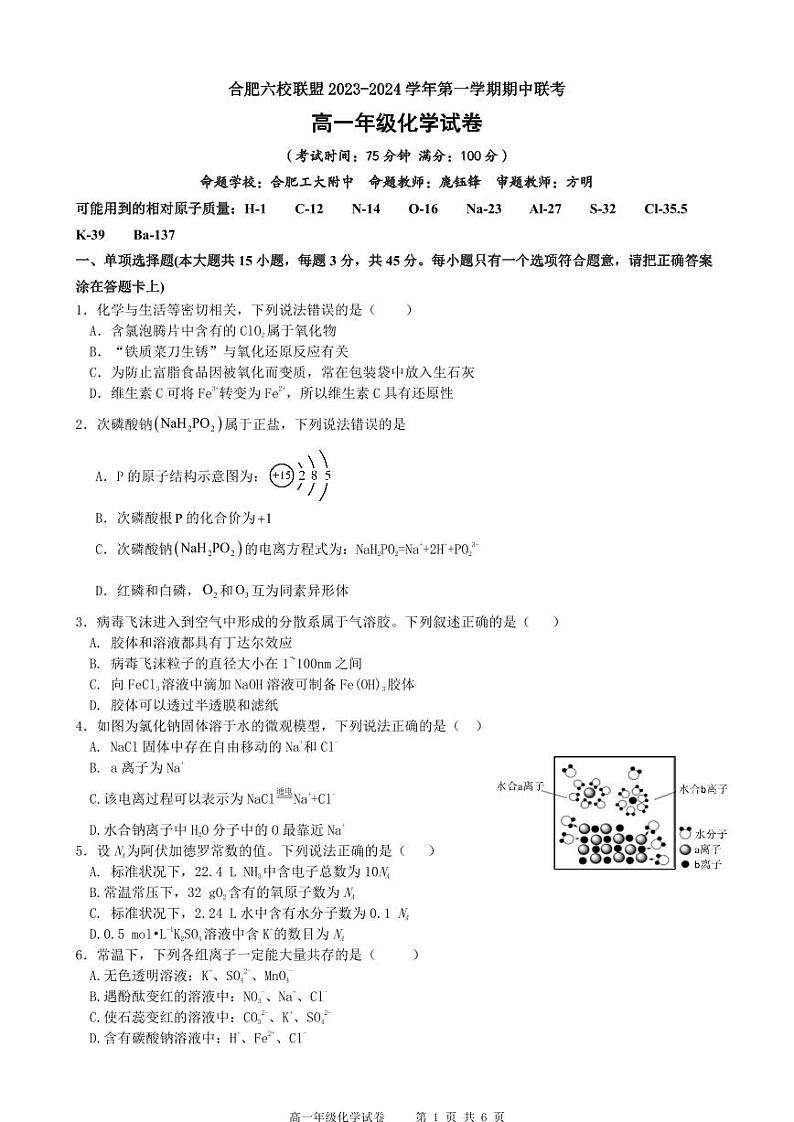 安徽省合肥市六校联盟2023-2024学年高一上学期11月期中化学试题01