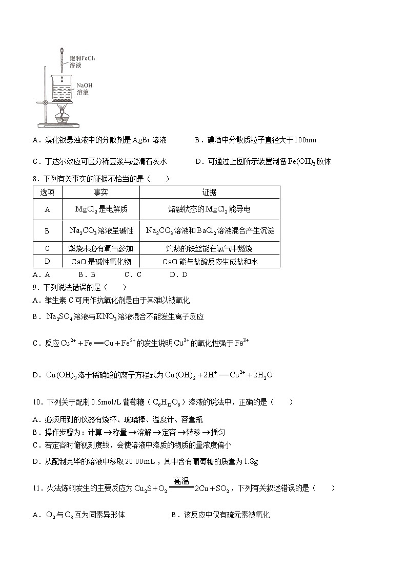 四川省绵阳市2023-2024学年高一上学期期中测试化学试题(无答案)02