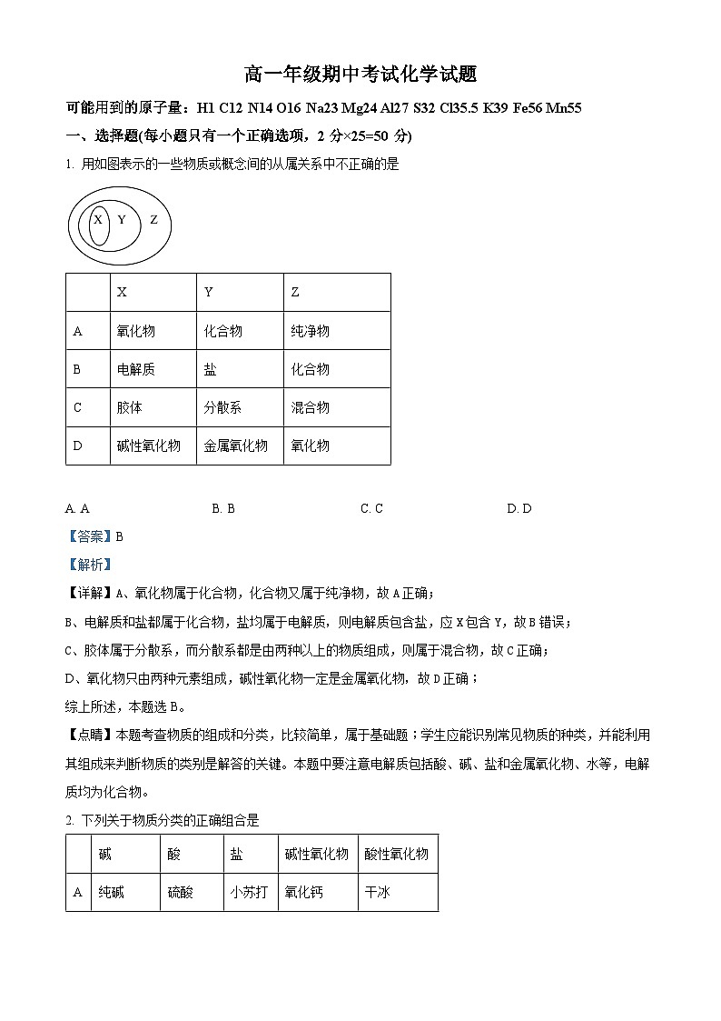 宁夏石嘴山市第三名校2022-2023学年高一上学期期中化学试题(解析版)01