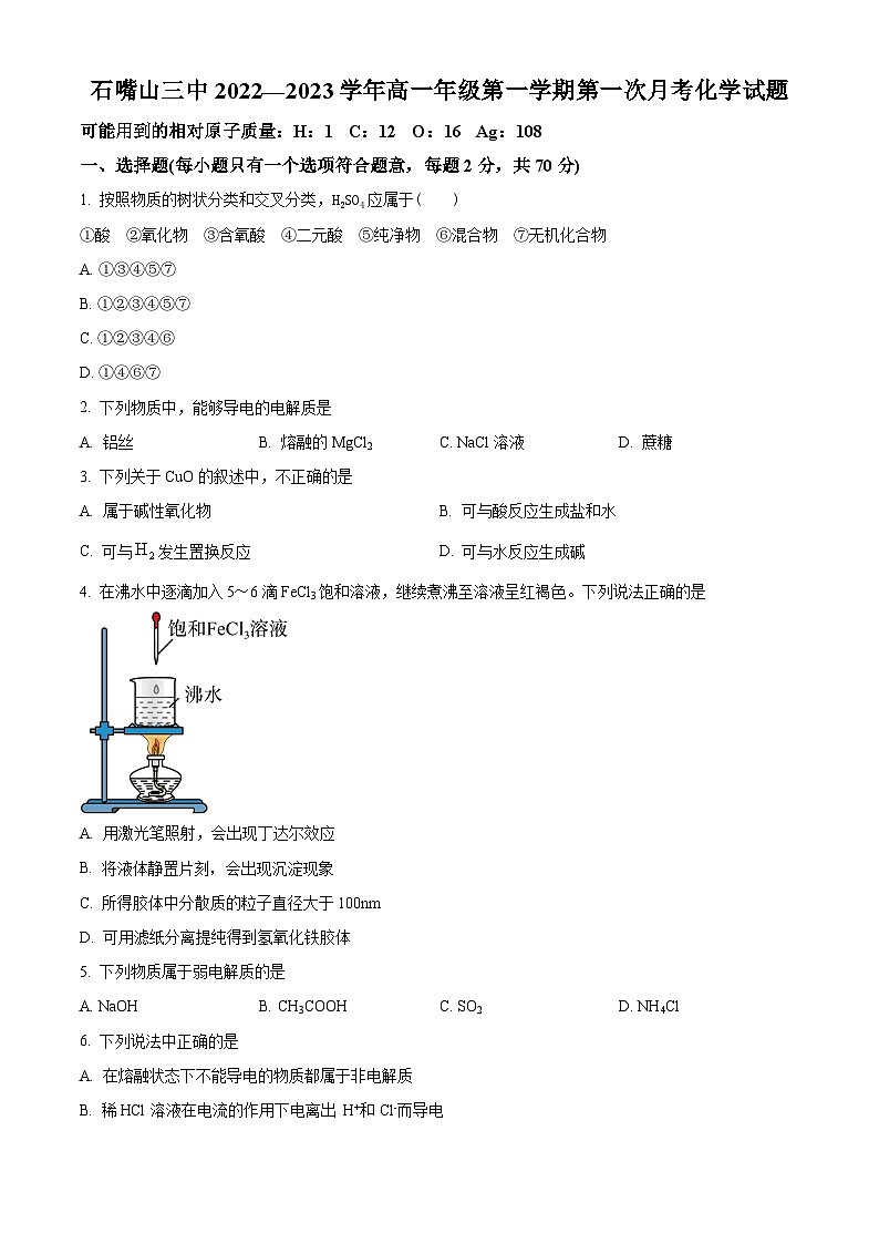 宁夏石嘴山市第三名校2022-2023学年高一上学期第一次月考化学试题(原卷版)第1页