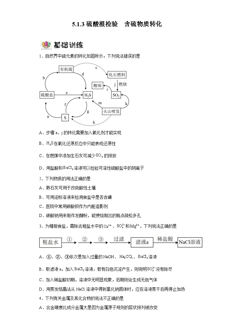 5.1.3硫酸根检验和含硫化合物的转化 课件+（分层作业）（原卷+解析卷）01