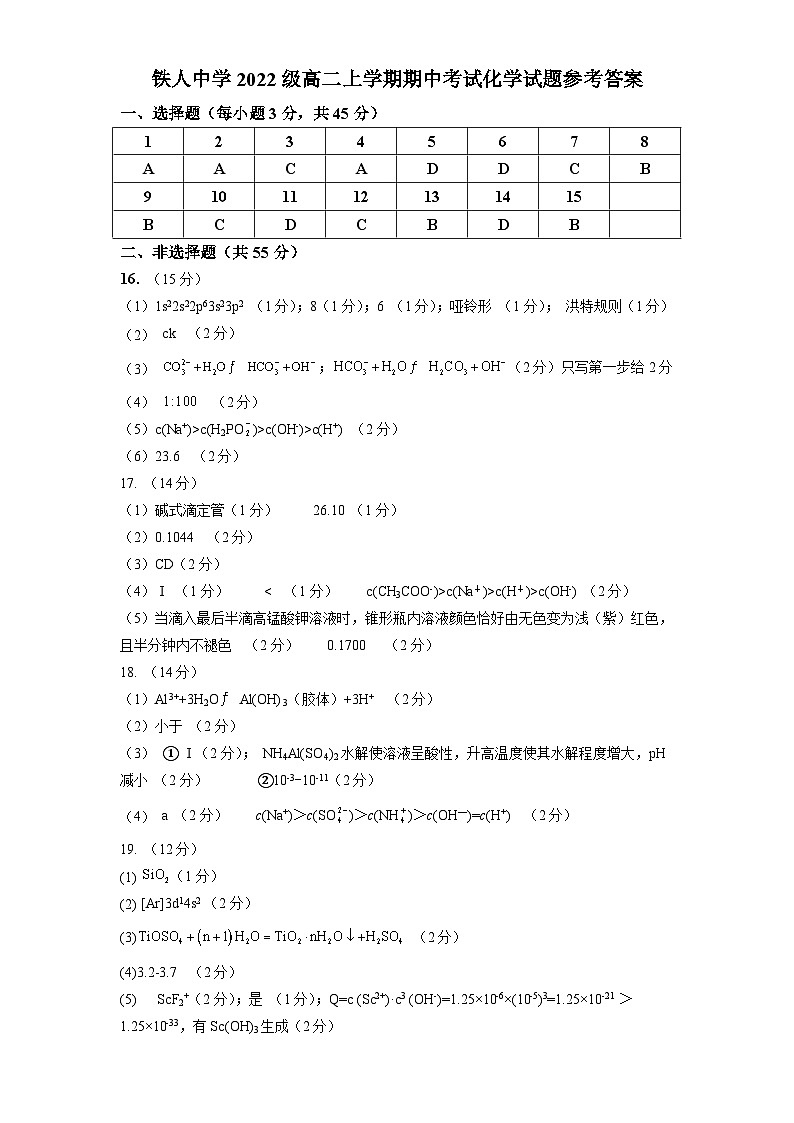 2024省大庆铁人中学高二上学期期中考试化学含答案01