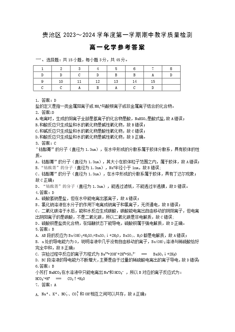 2024池州贵池区高一上学期期中化学试卷含答案01