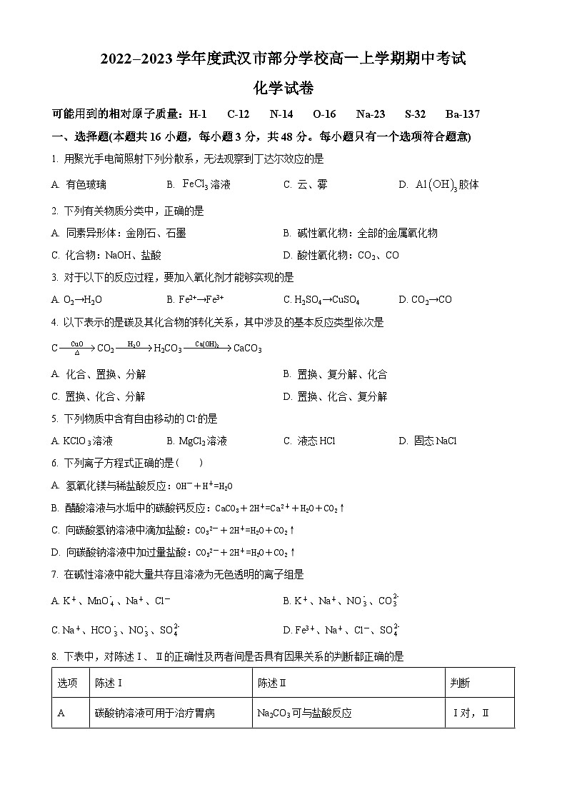 2023武汉黄陂区部分学校高一上学期期中联考化学试题含解析01