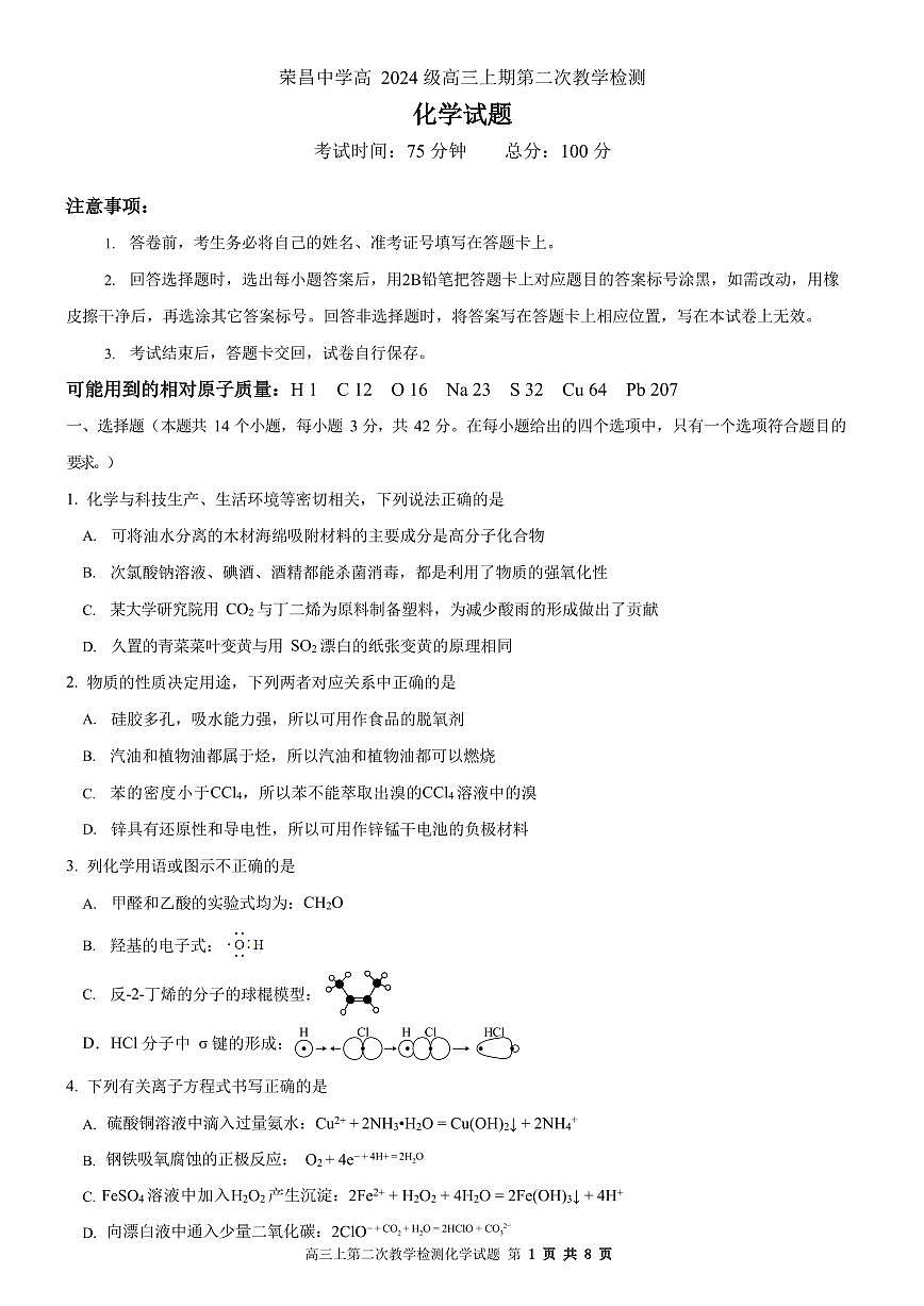 重庆市荣昌中学校2024届高三上学期第二次月考试题化学第1页