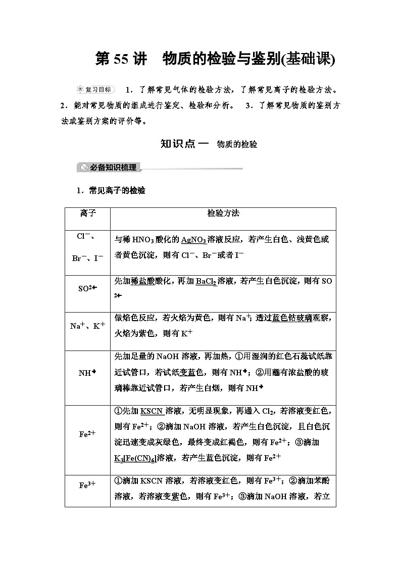 2024届高考化学一轮复习专题10第55讲物质的检验与鉴别基础学案第1页