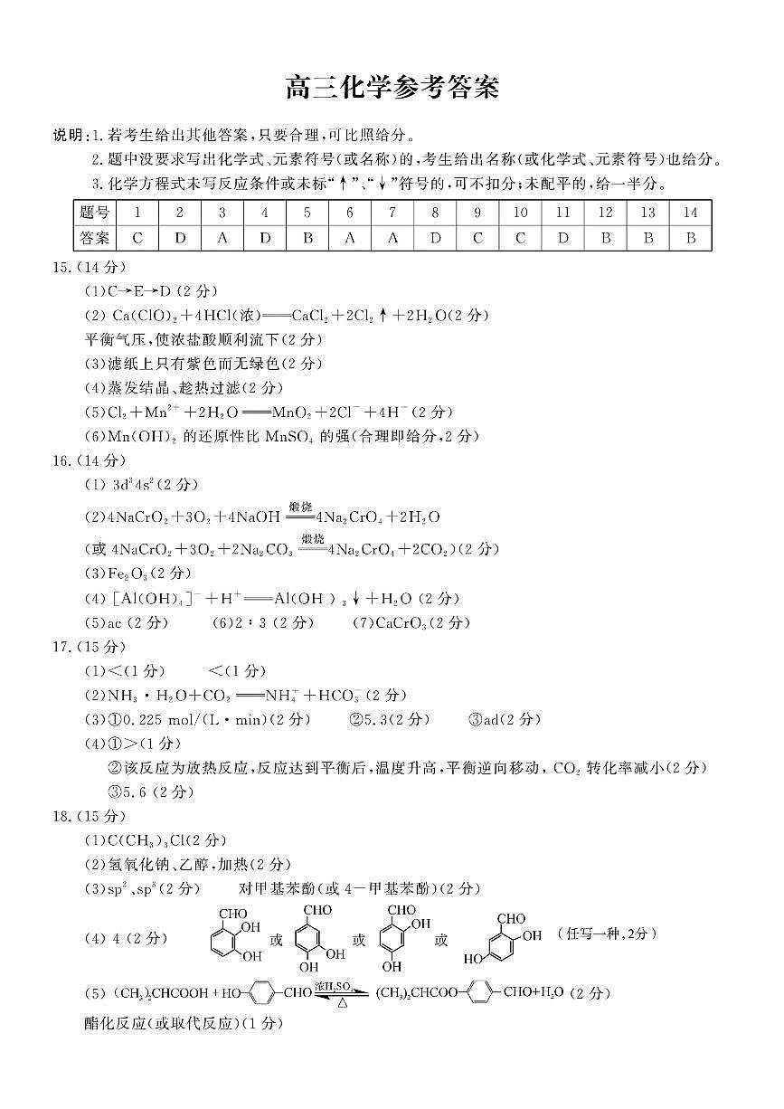 高三化學(xué)參考答案第1頁(yè)