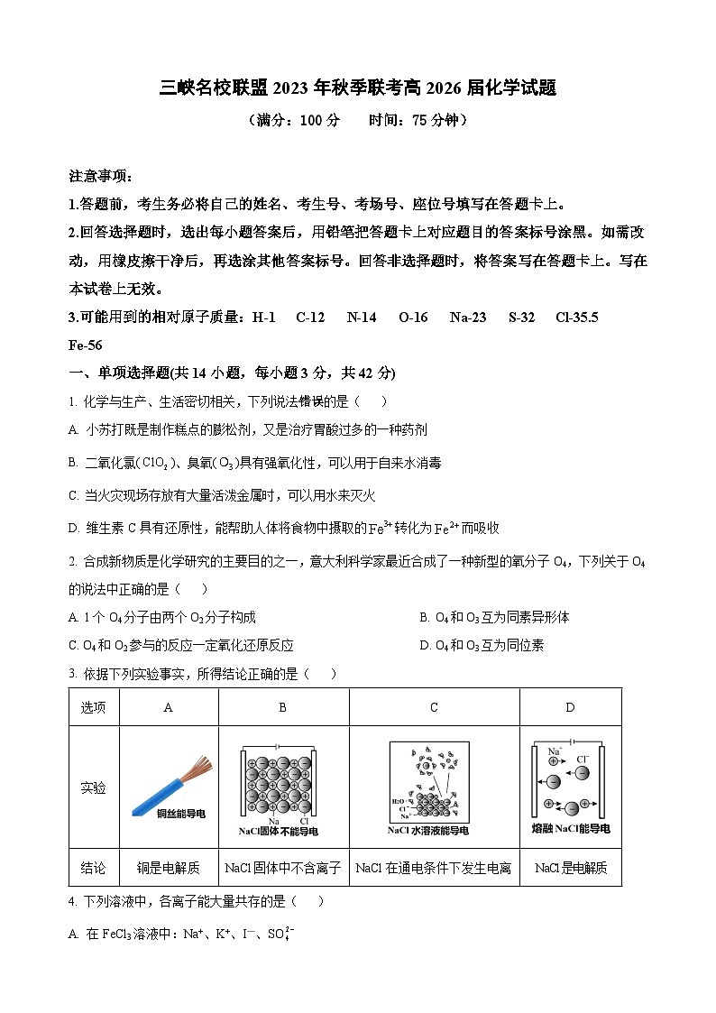 重庆市三峡名校联盟2023-2024学年高一上学期秋季联考化学试题(Word版附答案)第1页