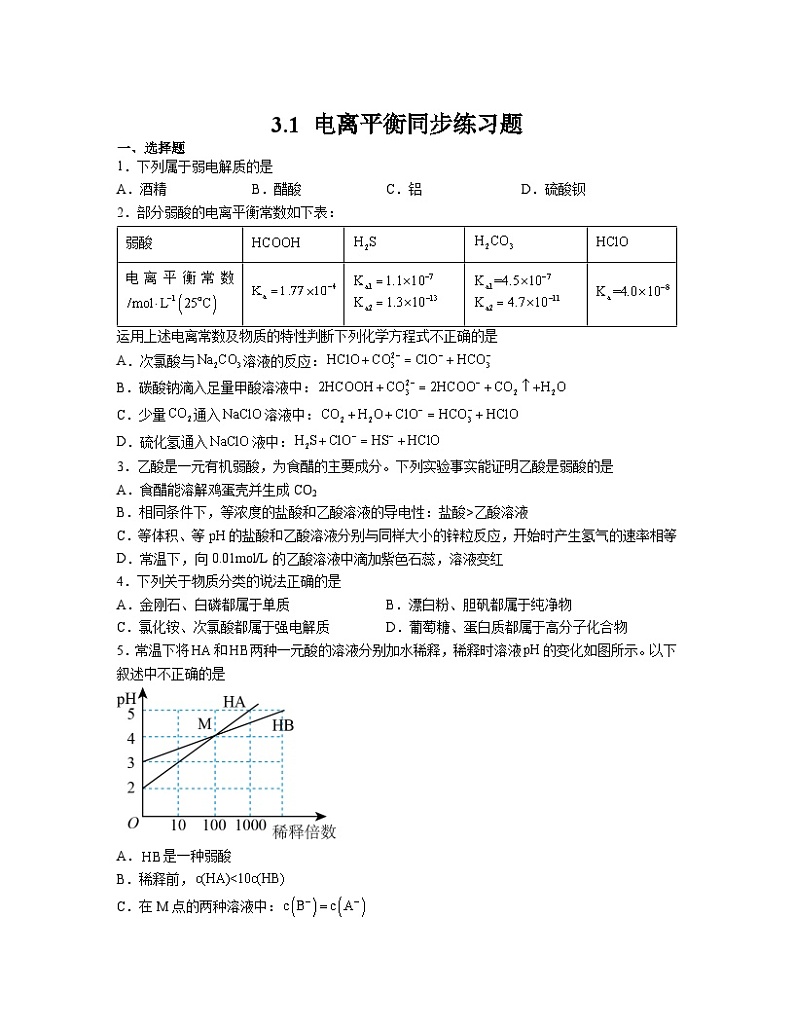 3.1 电离平衡 同步练习题 高中化学人教版(2019)选择性必修1第1页