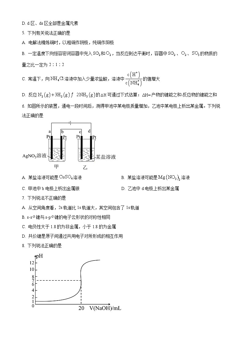 精品解析:天津市南开区南开中学2021-2022学年高二上学期期末检测化学试题(原卷版)第2页